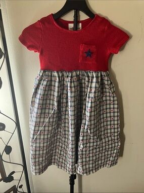 Storybook Knits Red Knit Top with Blue Star Plaid Skirt